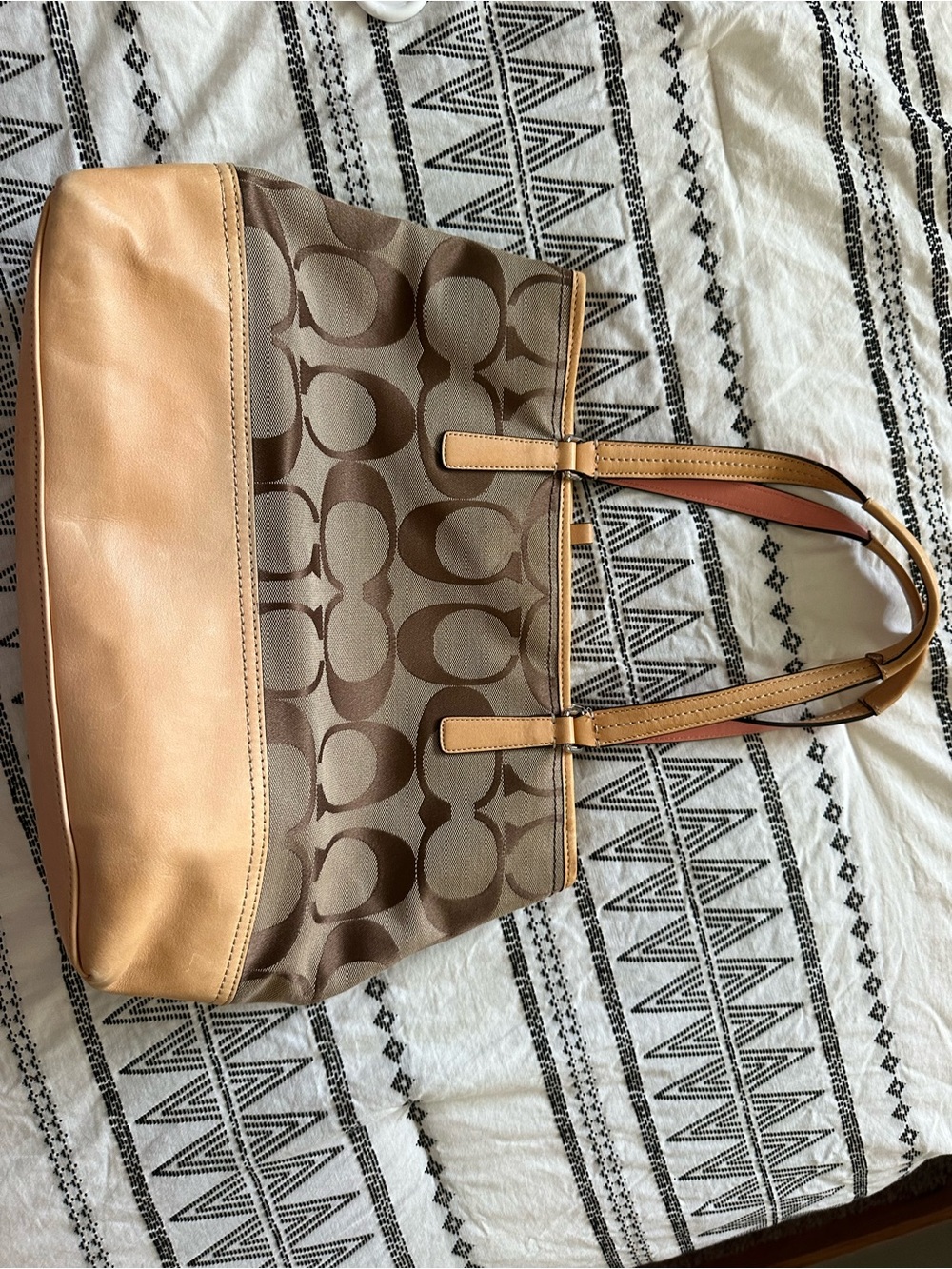 Coach Brown Signature Canvas Tote with Tan Leather Trim